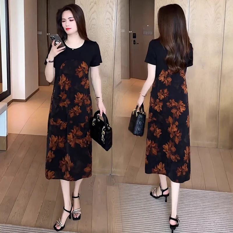 时尚国风印花连衣裙女夏季新款洋气遮肉显瘦妈妈装大码中长款裙子