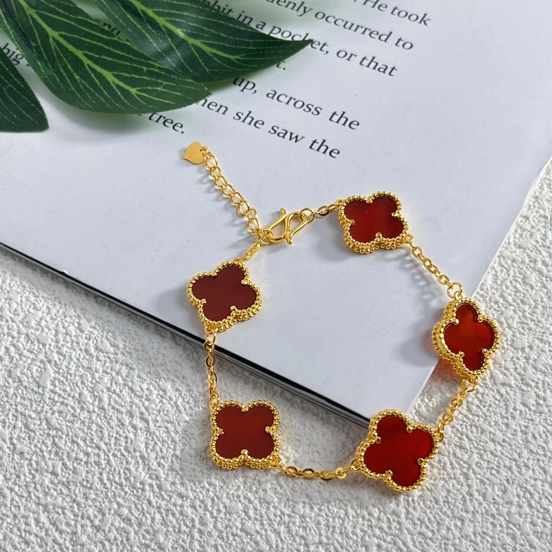 足银手链 四叶草红五花手链传承经典款百搭叠带镶嵌手串送礼