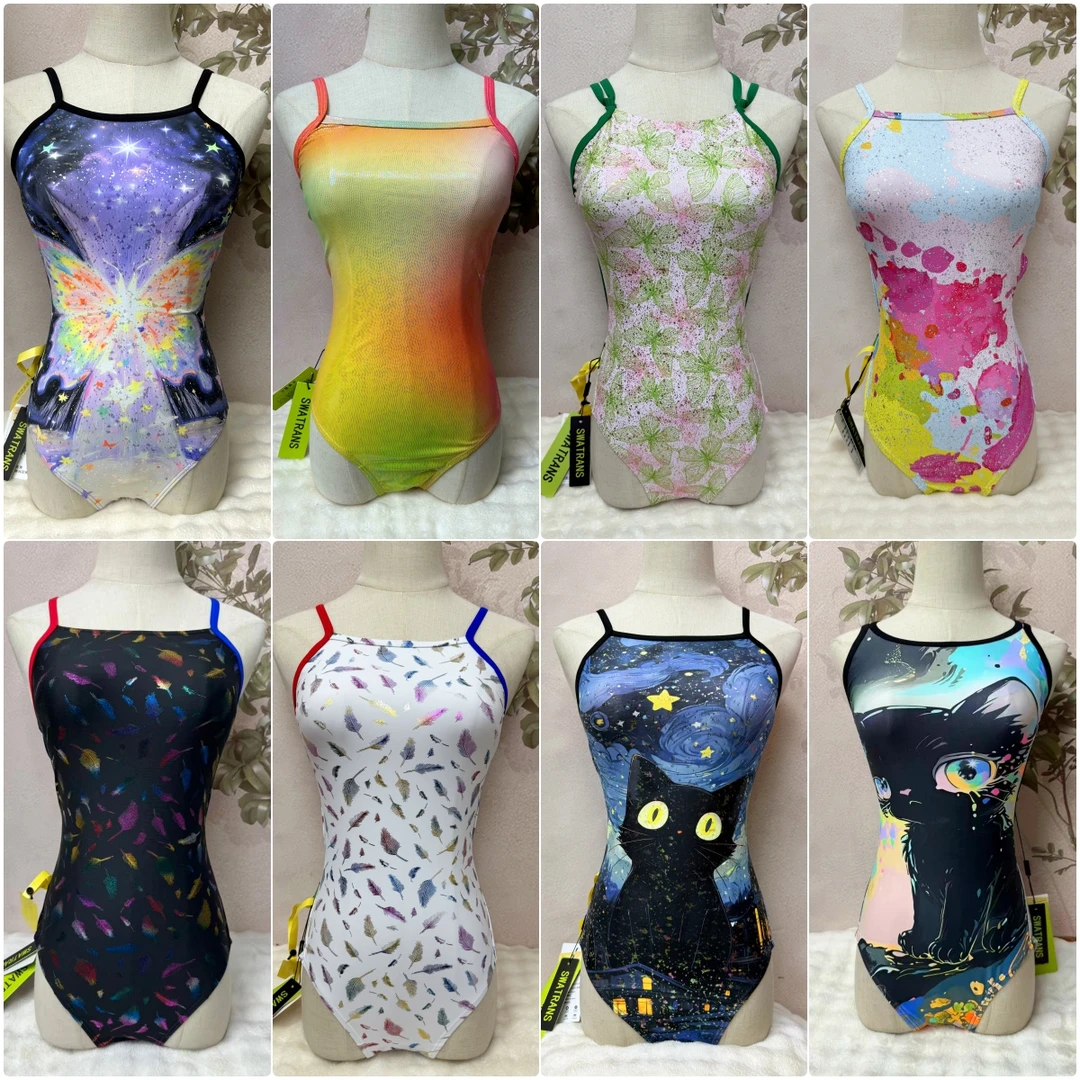 SWATRANS新款单层竞技泳衣连体中叉包臀泳衣女士烫金训练泳衣