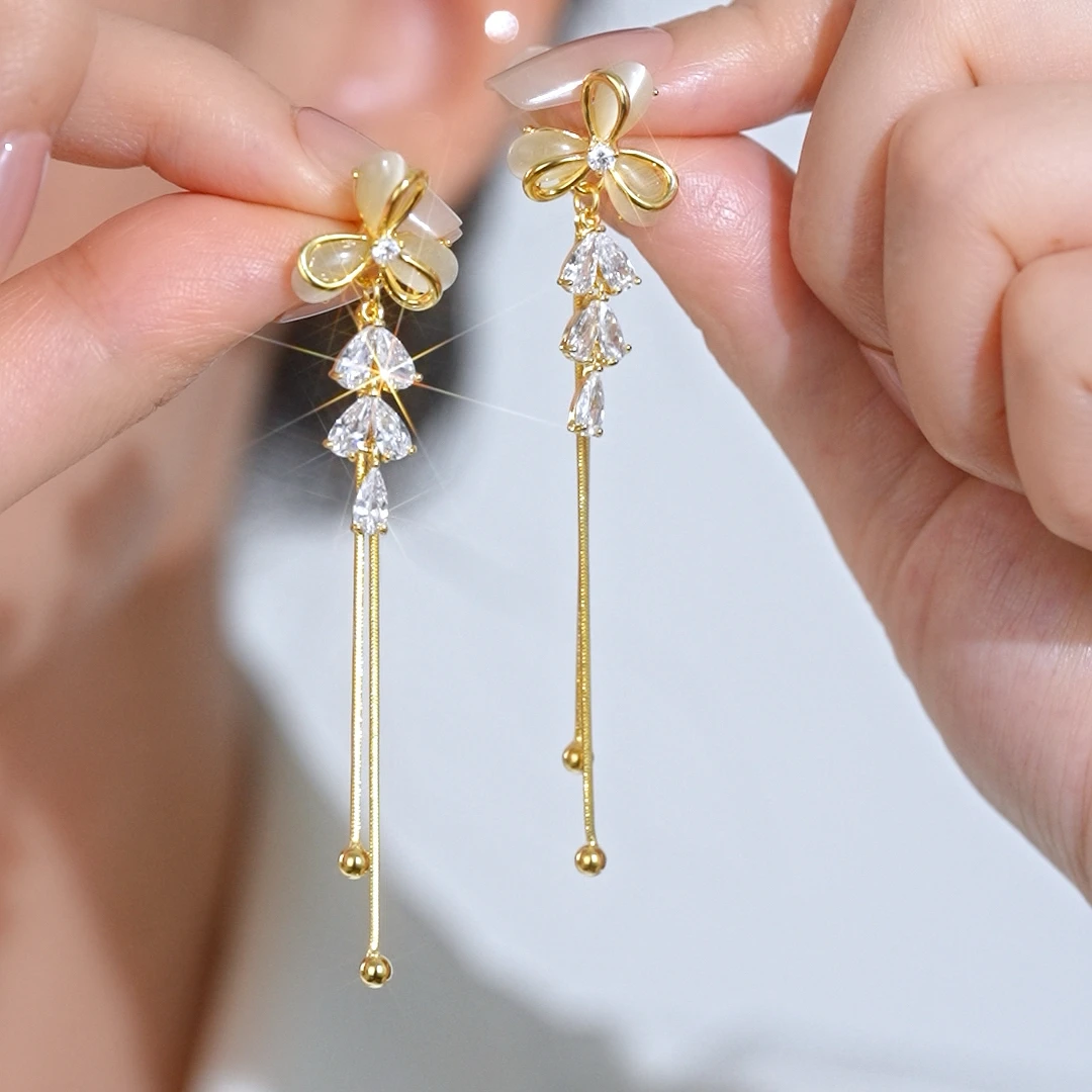铜合金耳饰 气质时尚百搭锆石花朵长款小众流苏耳坠耳环轻奢