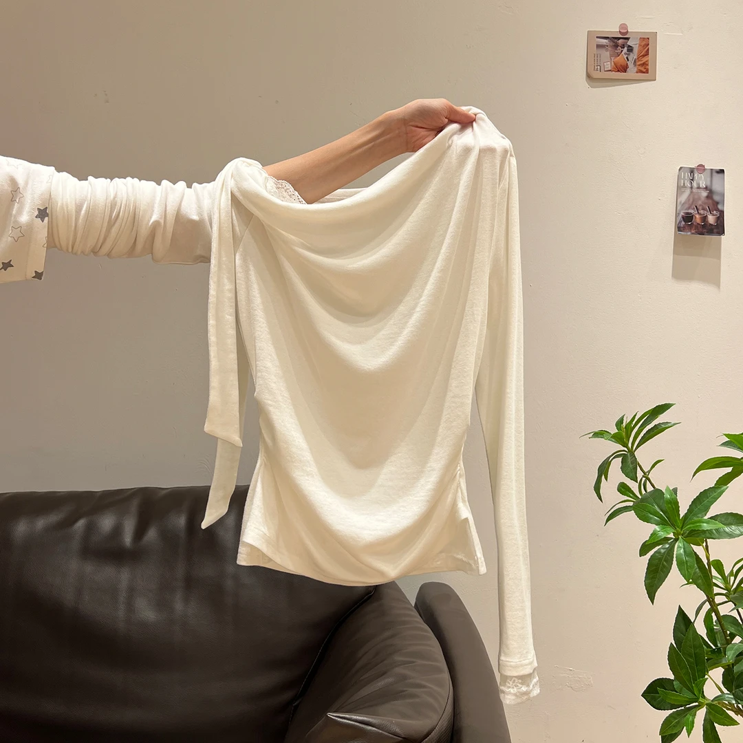 辣妹斜肩长袖T恤女秋季新款性感蕾丝花边独特系带修身上衣