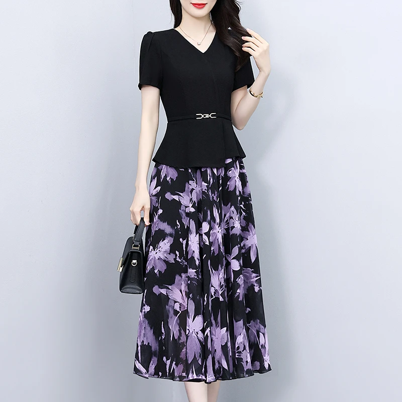 高端黑色假两件长款碎花连衣裙2025夏季拼接轻奢时尚修身显瘦长裙