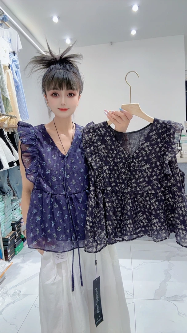 25131时尚V领系带碎花飞飞袖衬衫上衣