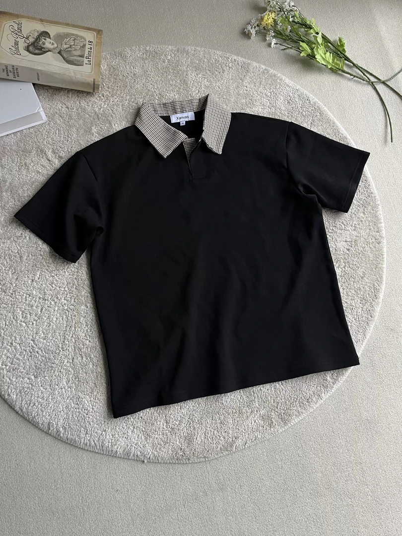 【桃子】清仓爆品千鸟格拼接polo短袖T恤
