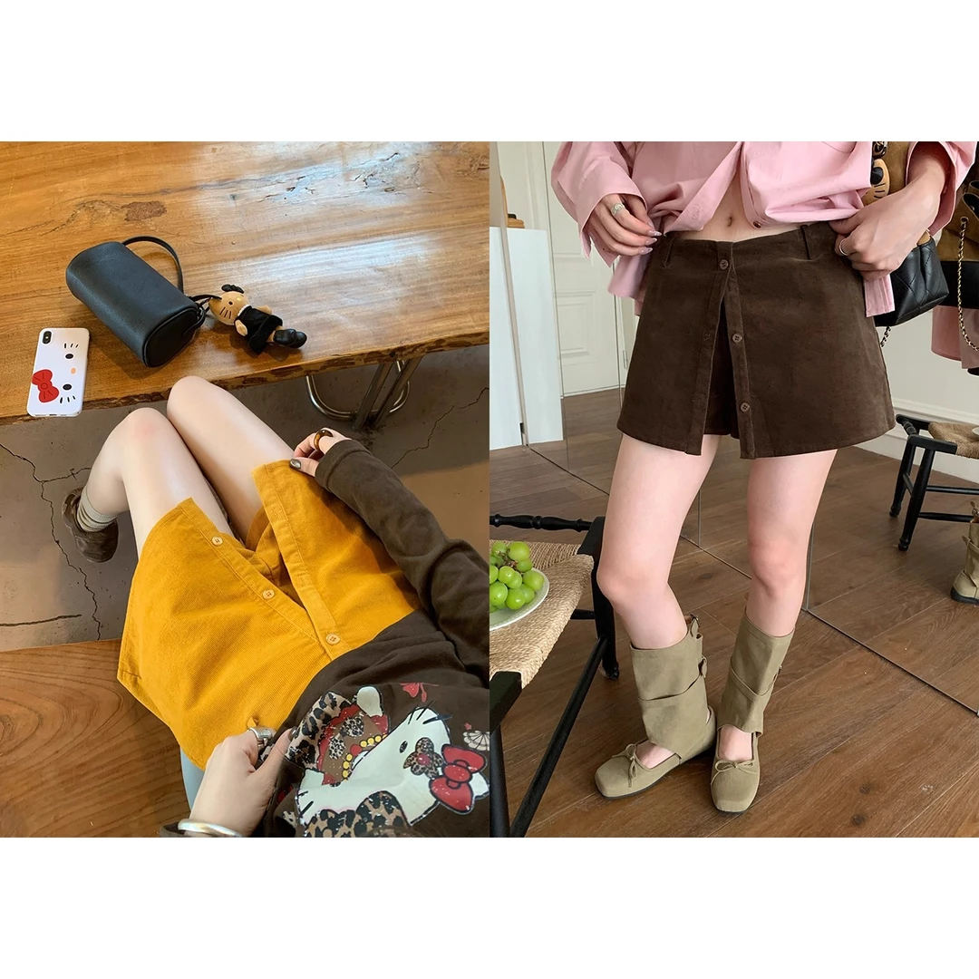 假两件灯芯绒单排扣A字短款半身裙女2025秋季新款百搭显瘦裙裤潮