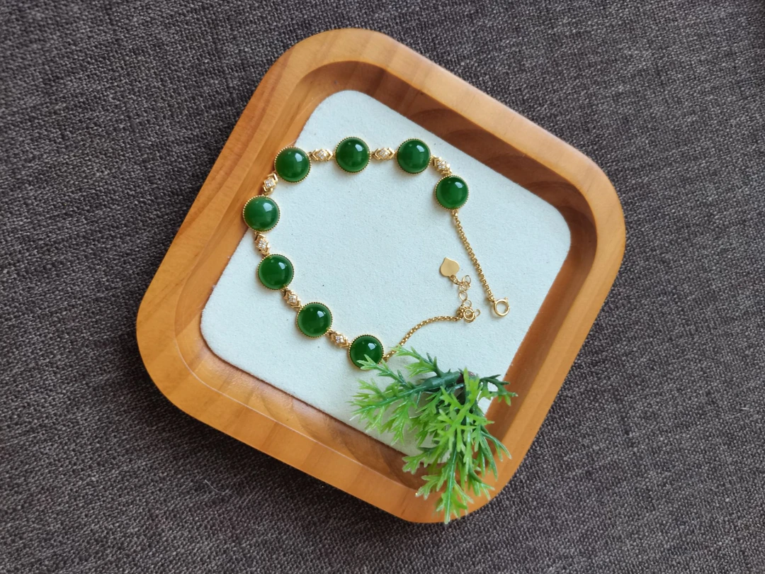 天然和田玉碧玉18k金蛋面手链保真 俄料