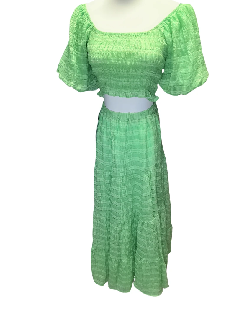 撞色条纹一字领泡泡袖上衣弹力松紧半身裙夏季套装女