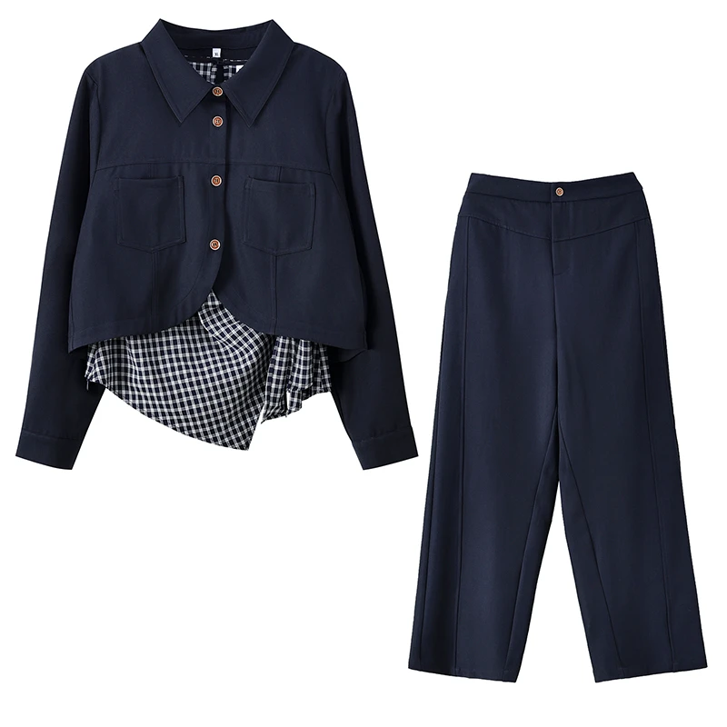 胖mm大方复古外套格子吊带阔腿裤三件套女2025秋季新款套装323493