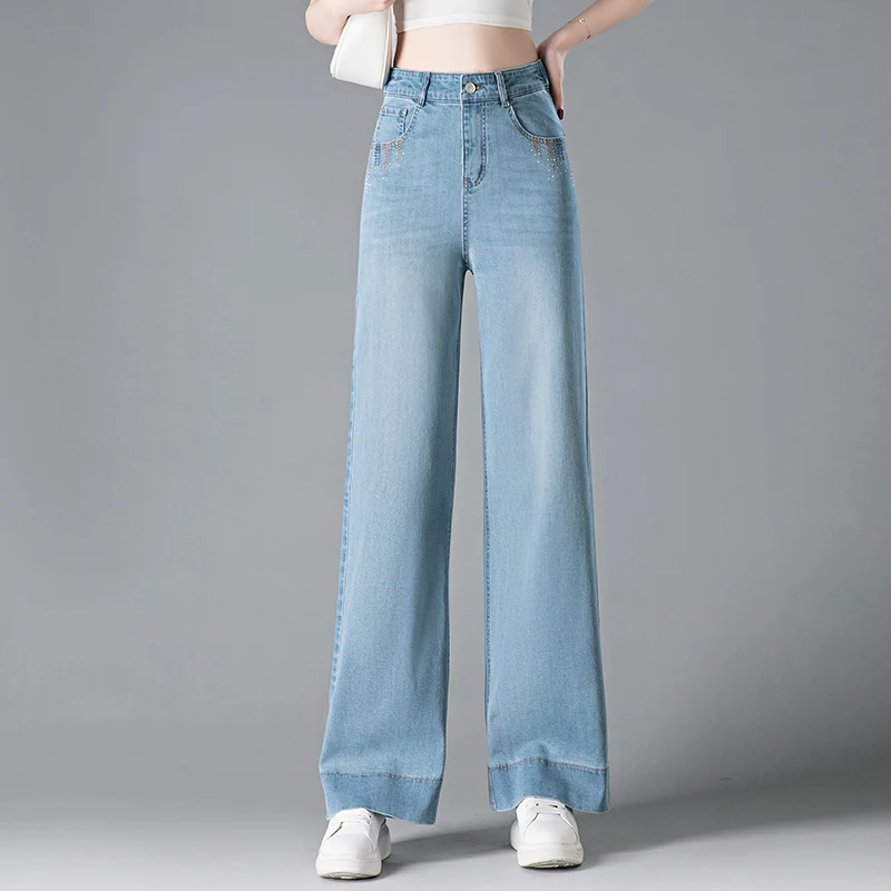 正品刺绣烫钻牛仔裤女新款2025夏季高腰窄版阔腿裤时尚显瘦直筒裤