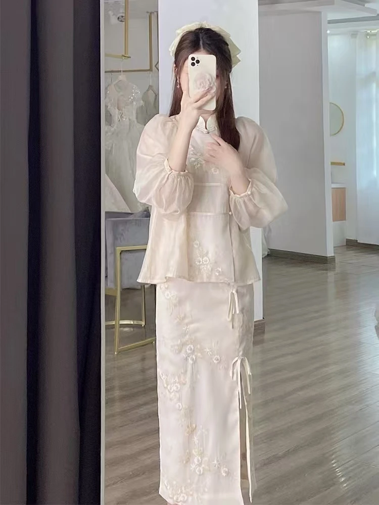 甜美清新淑女学院法式时尚套装网红连衣裙长款气质白色国风