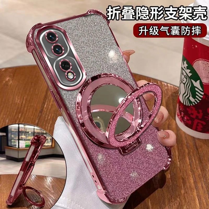 闪粉化妆镜适用荣耀80PRO手机壳防摔壳气囊磁吸支架电镀全包软壳.