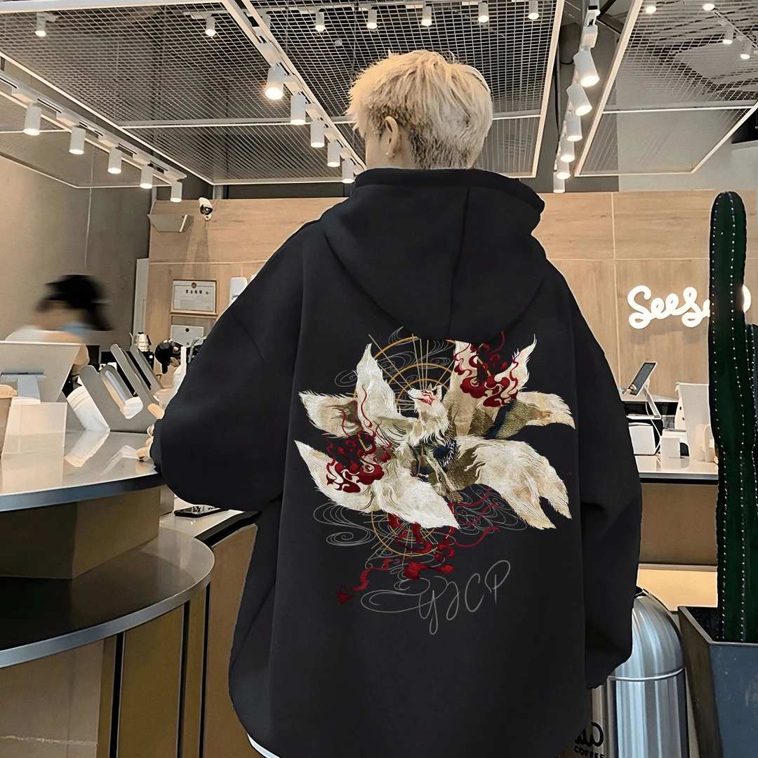 重磅嘻哈高街潮牌国潮九尾狐印花连帽卫衣美式情侣秋冬季男女同款