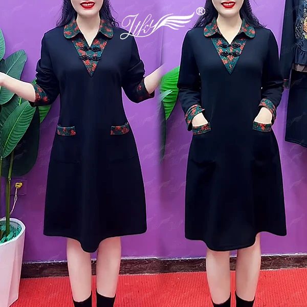 复古时尚连衣裙女2025春季新款拼接翻领中国风盘扣双兜中长款裙子