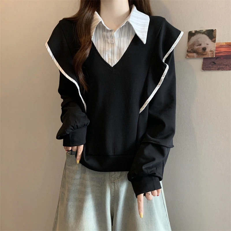 大码遮肚子假两件POLO领条纹长袖衬衫女春秋胖MM宽松显瘦百搭上衣