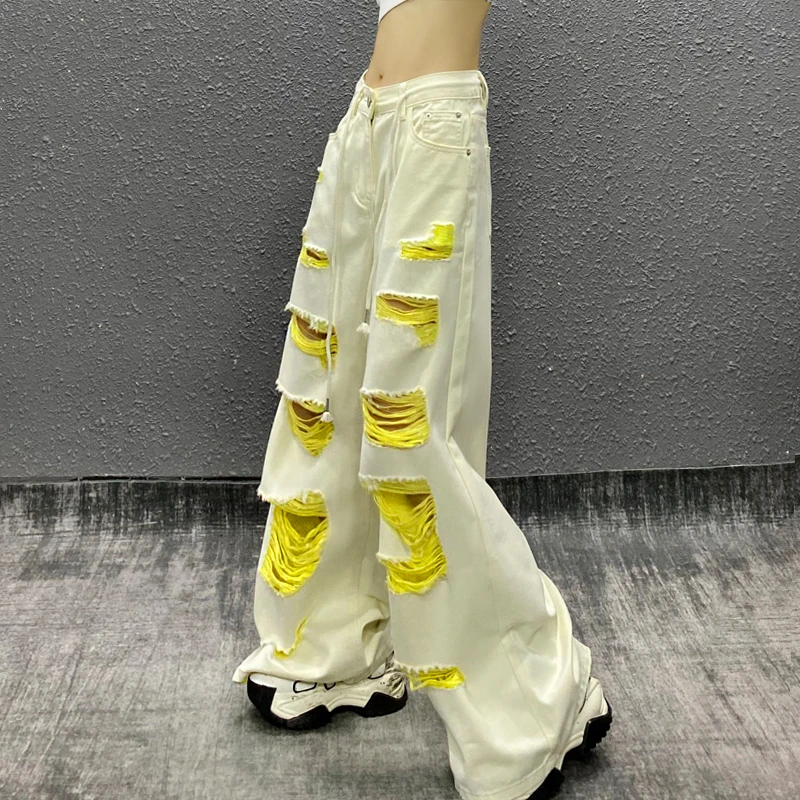 帅气黄色破洞水洗牛仔裤女夏新款高腰宽松显瘦百搭直筒阔腿拖地裤