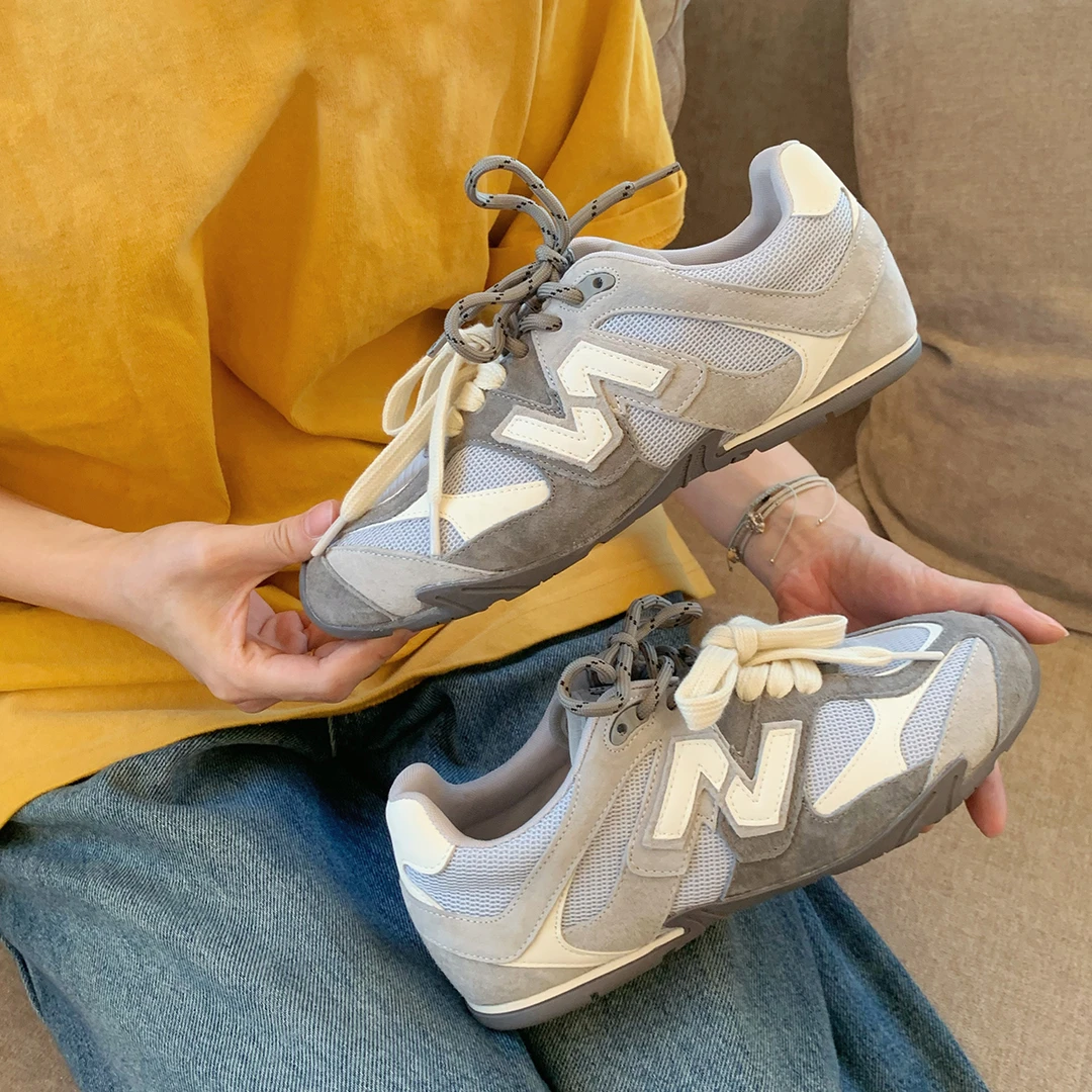 TONG潼潼复古阿甘鞋女秋季韩系N字拼色百搭透气软薄底德训运动鞋