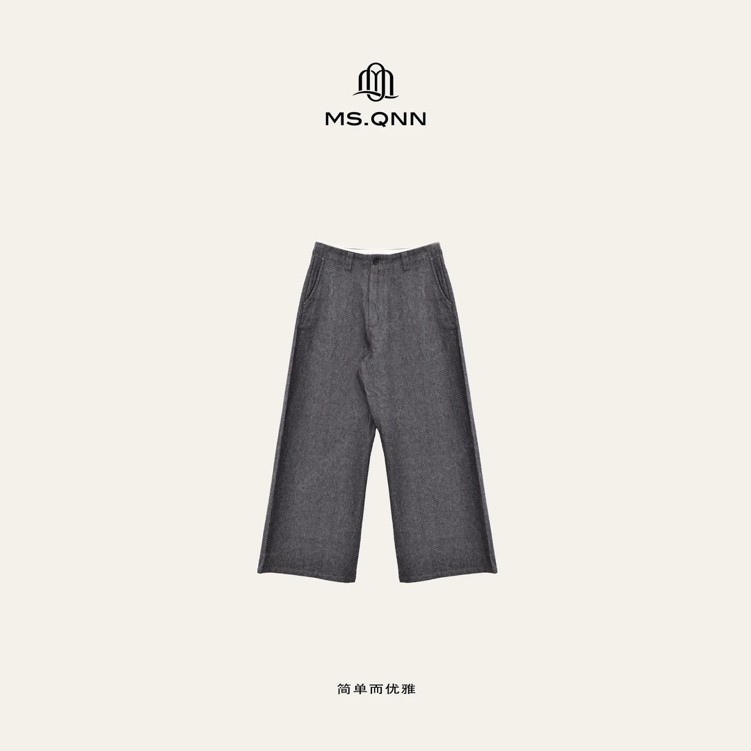 Ms.Qnn“老钱亚麻裤”格雷灰松弛感神裤 棉麻阔腿直筒裤 39P279 Q姐