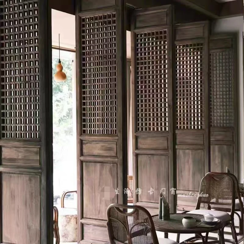 中式实木古门窗花格做旧旋转隔断推拉木门定制