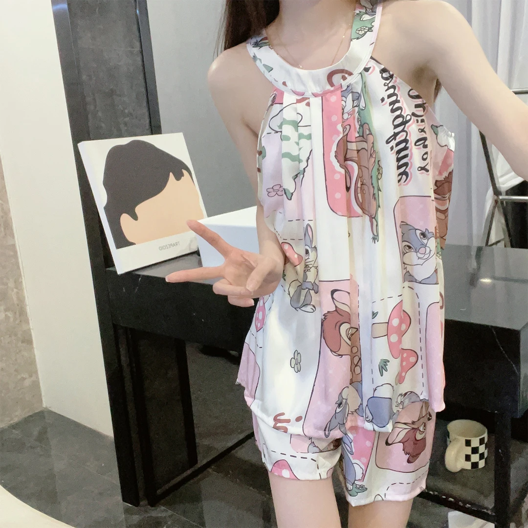 冰丝缎面睡衣女士夏季吊带大码凉感可外穿2025新款卡通套装家居服