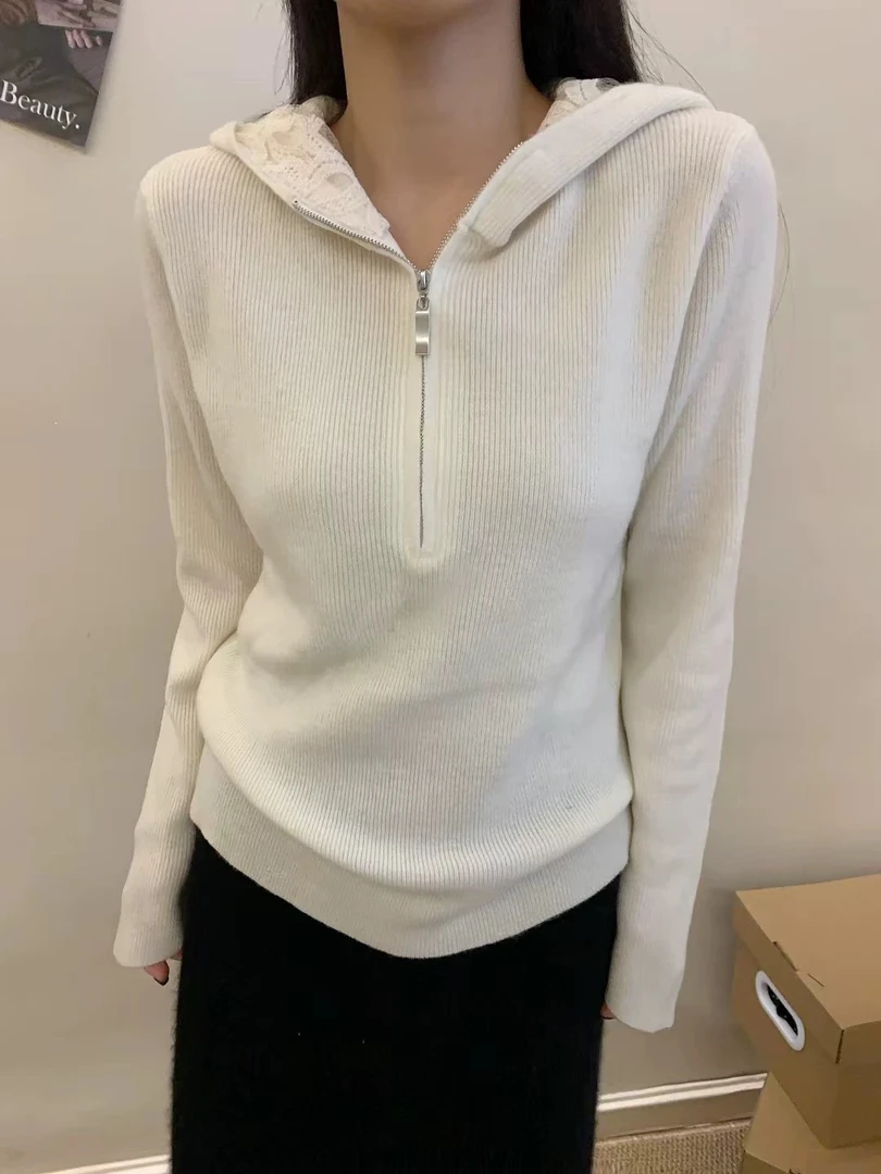 24冬季简约纯色气质修身半拉链连帽蕾丝7189针织衫软糯高级百搭女
