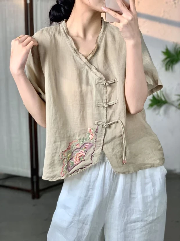 夏季新中式宽松苎麻刺绣短袖小衫