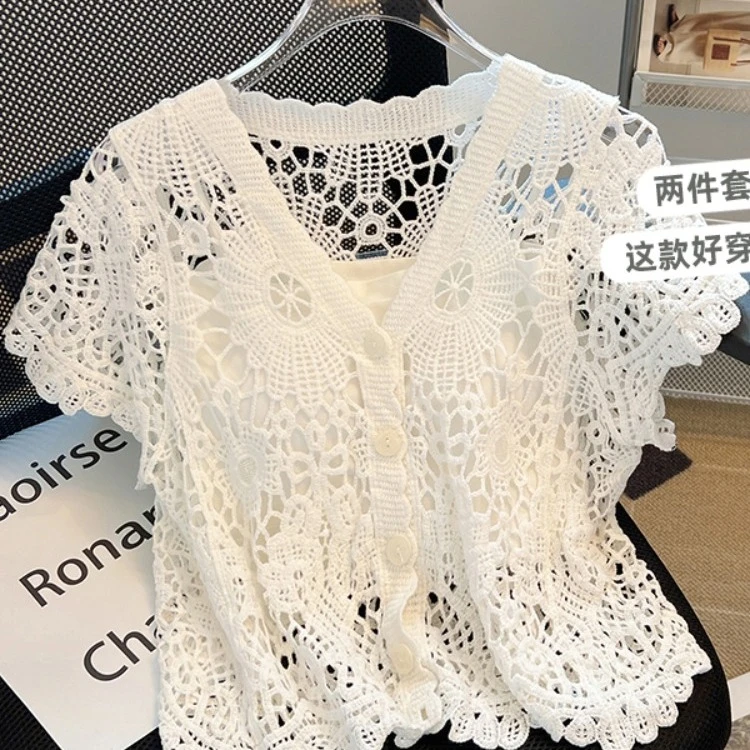 清仓捡漏~撤回外贸夏季薄款蕾丝衫女网纱镂空针织开衫短款上衣潮