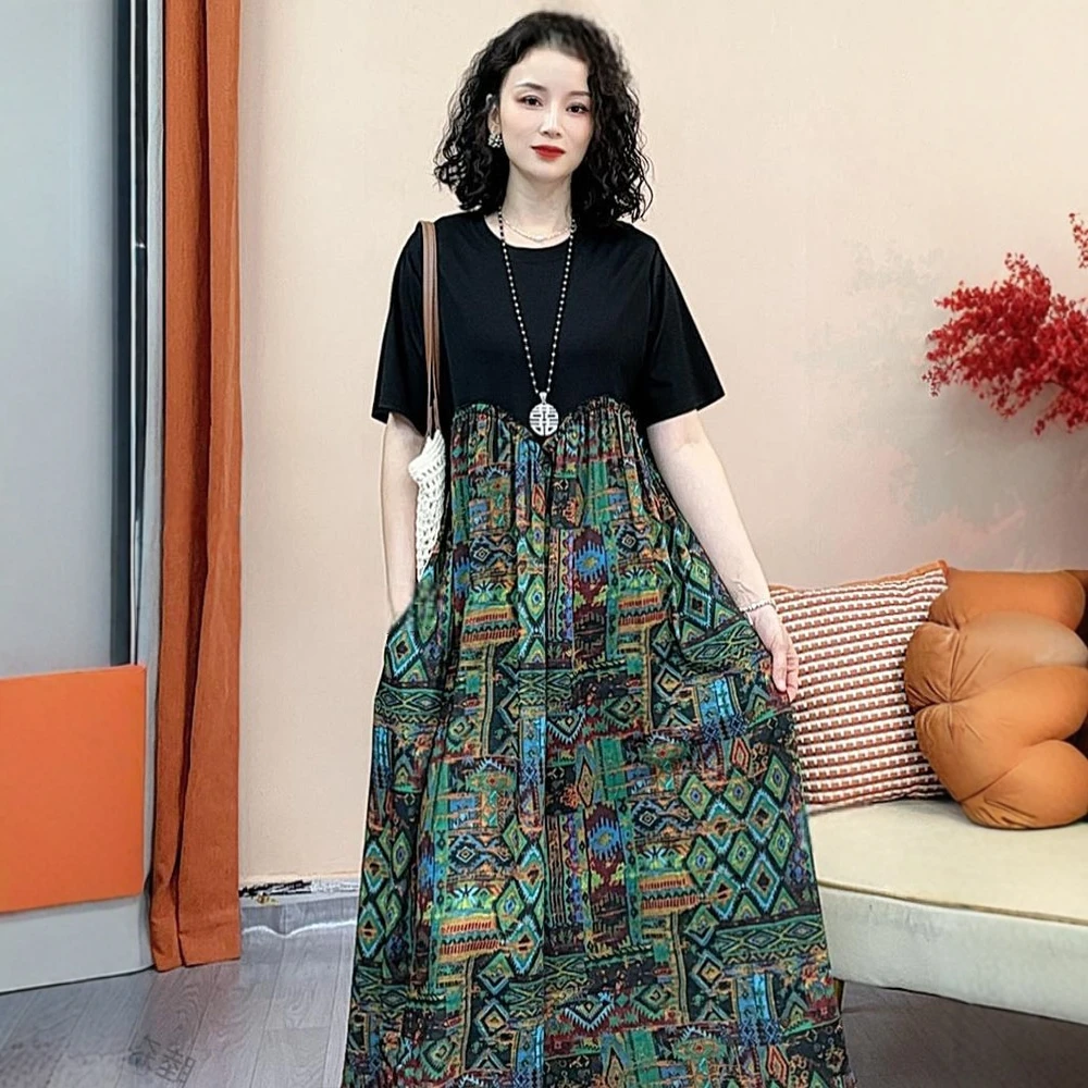 时尚拼接民族风碎花洋装夏季新款洋派圆领短袖遮肉妈妈装妈妈秋装