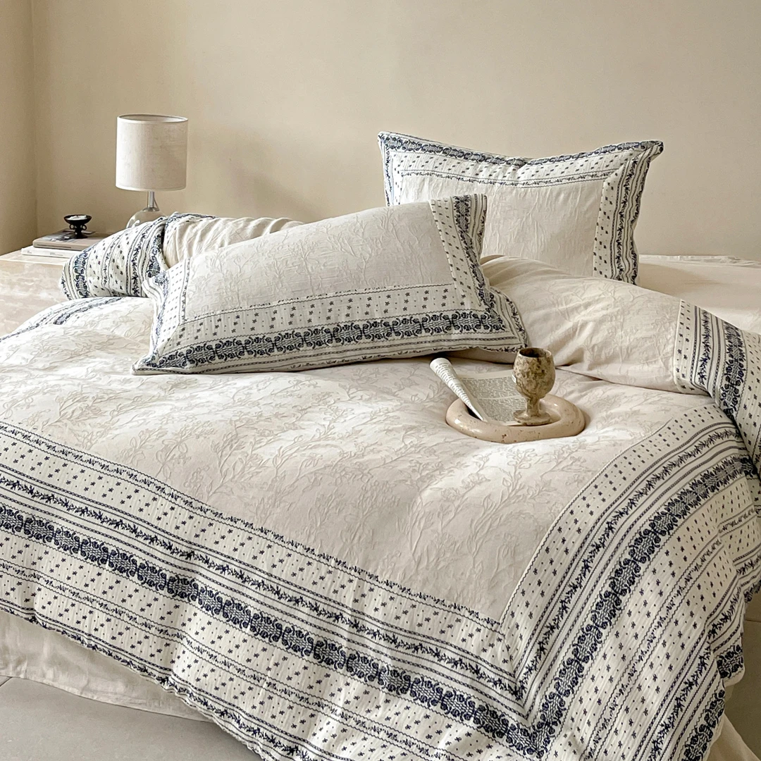 法式复古棉麻大提花四件套全棉水洗乱纹棉床上用品纯棉床单被套