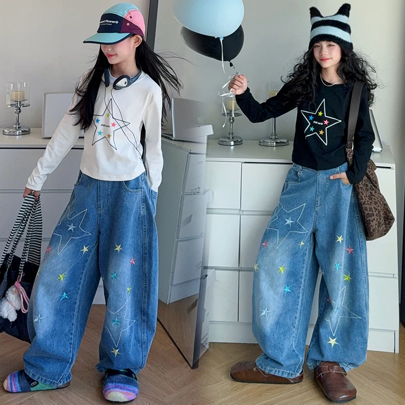 女童牛仔裤秋装韩版休闲阔腿裤大童百搭洋气儿童星星印花上衣套装