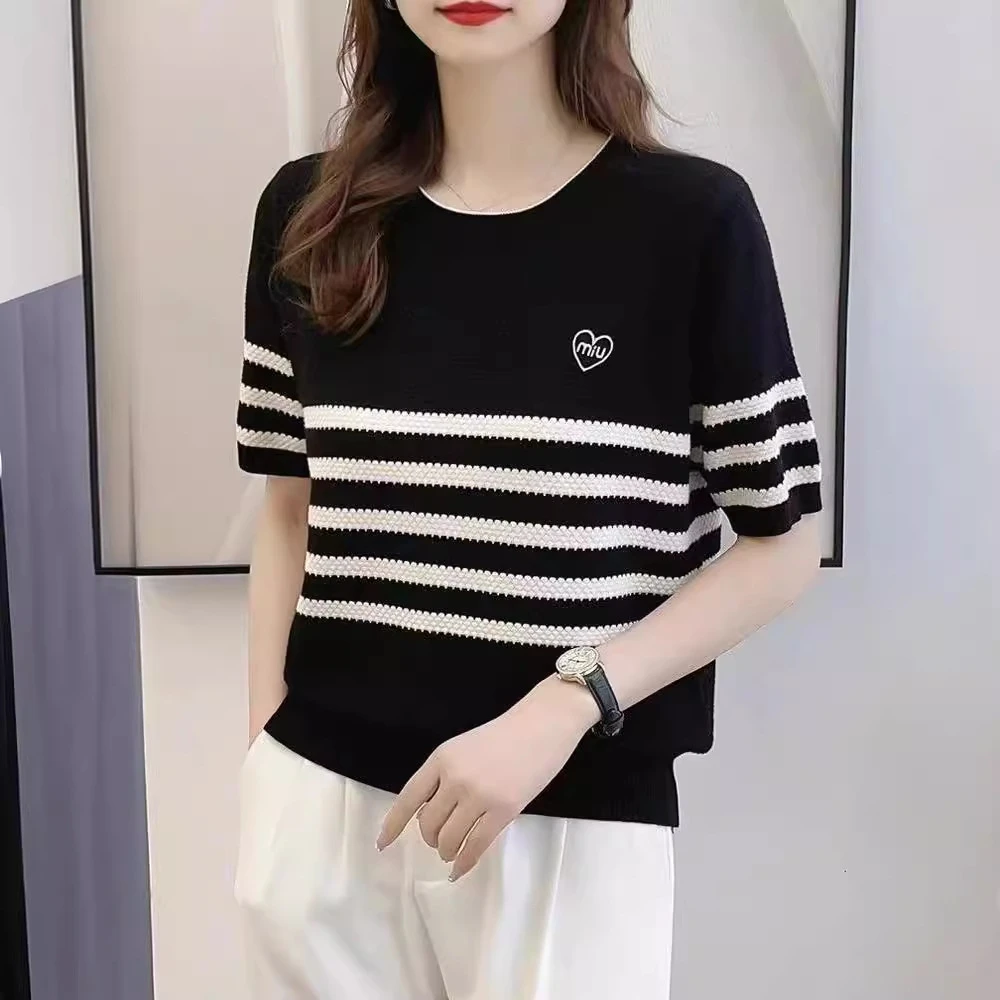 2025夏季新款宽松显瘦条纹打底衫女休闲百搭套头毛衣短袖针织衫