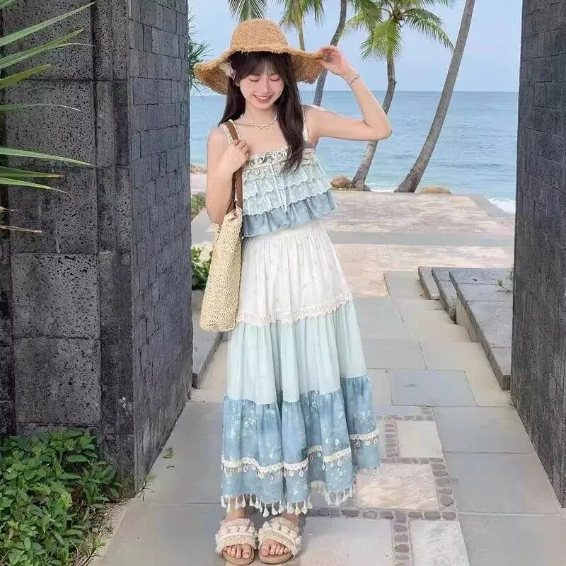 两件套女2025夏季新款蛋糕吊带背心上衣蕾丝拼接半身裙套装学院风