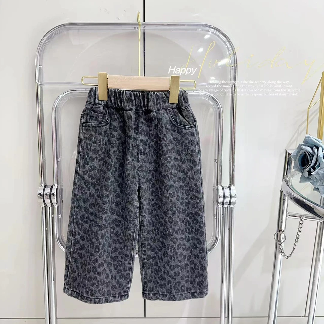 汤圆家童装2025春季新款韩系复古豹纹做旧百搭牛仔直筒裤 YA-1018