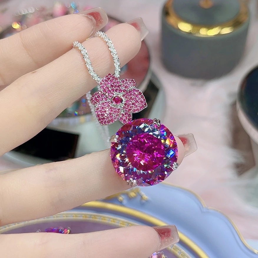 非金属莫桑石项链 210玫红色高档有钱花锁骨链