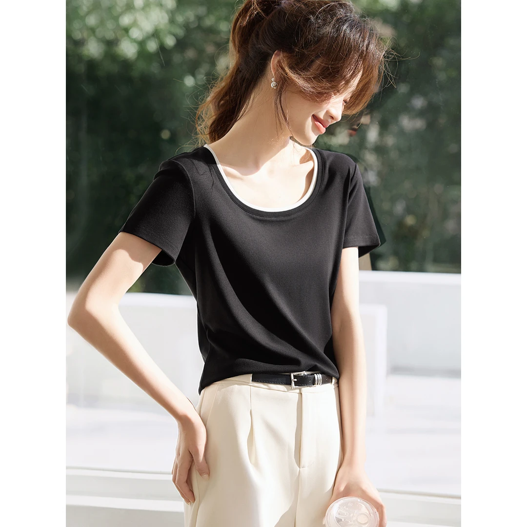 沫晗依美2025夏季新款温柔纯欲风方领拼色设计感百搭修身T恤5569