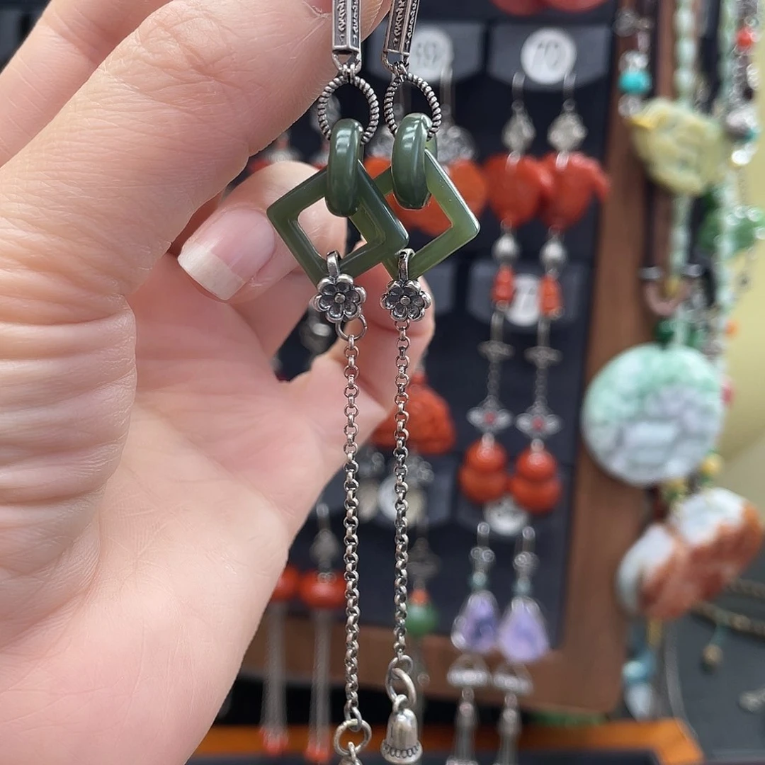 和田玉耳饰银S925镶嵌知*945hjkjhhh