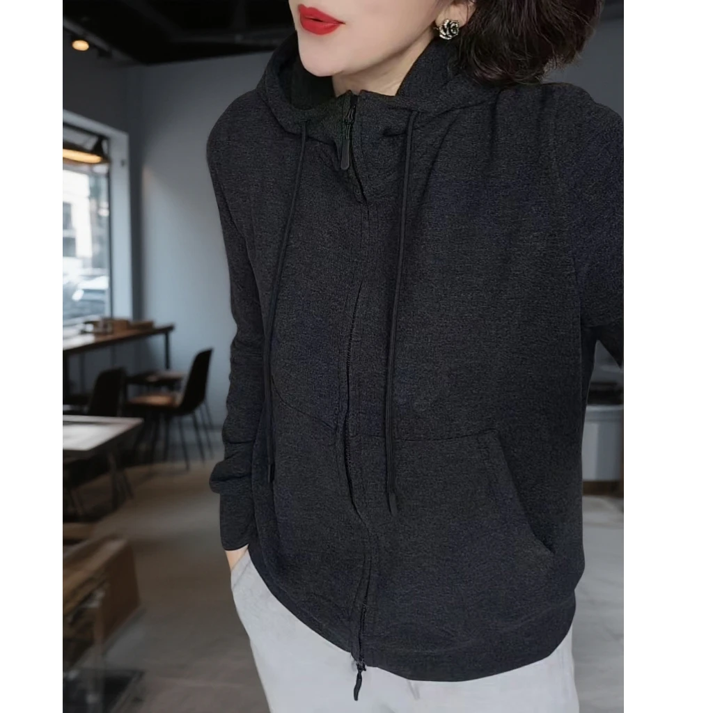 秋冬新款韩版减龄抽绳拉链运动纯色连帽绒面加厚保暖休闲卫衣百搭