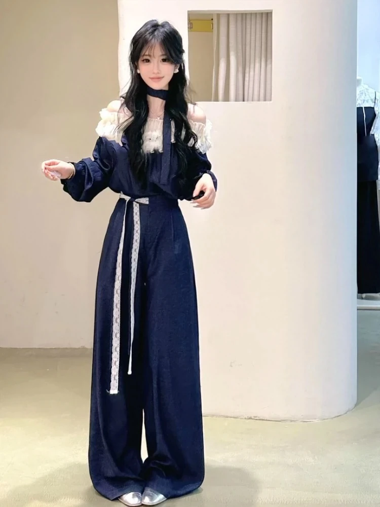 2025春季新款一整套穿搭气质高级感时尚通勤风蓝色上衣阔腿裤套装