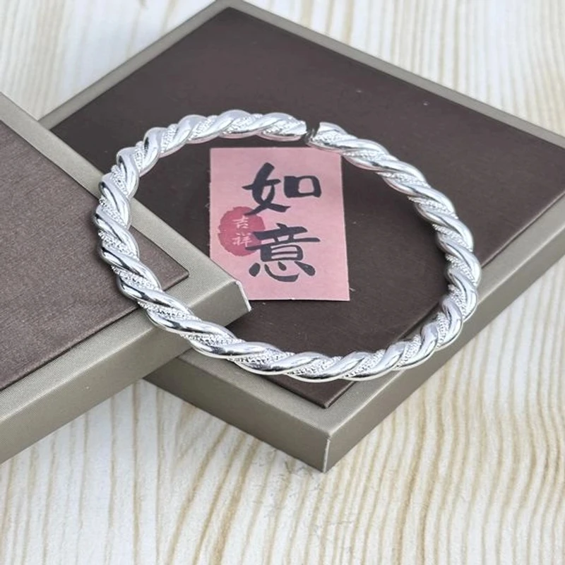 足银手镯 足银9999手镯麻花扭纹缠绕个性百搭简约情侣开口手环