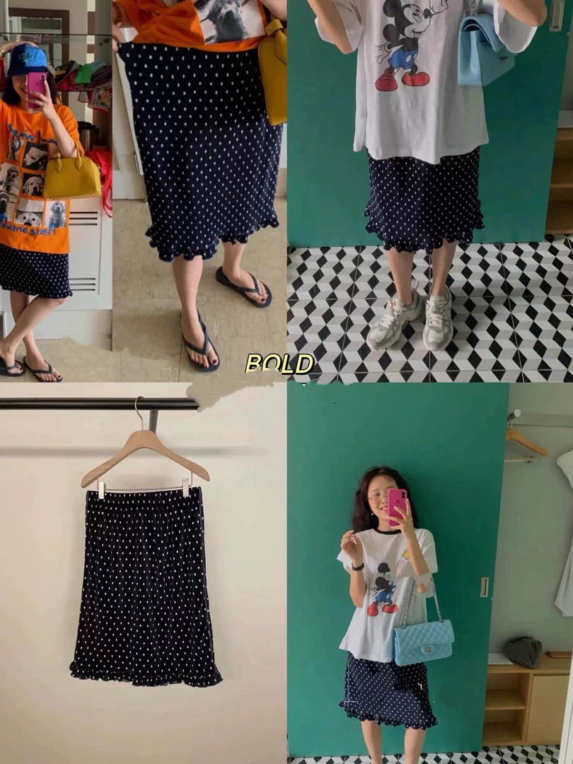 【粉风】东大门. bold夏季甜美褶皱花边波点半身裙