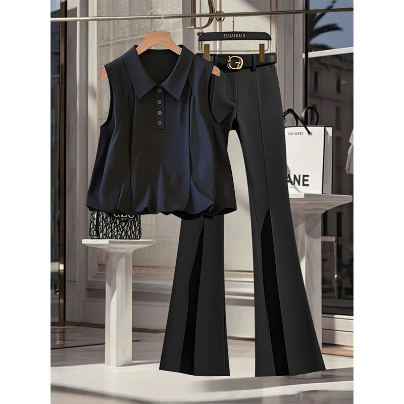 2025夏季新款polo衫无袖上衣黑色t恤高腰显瘦黑色百搭休闲裤套装