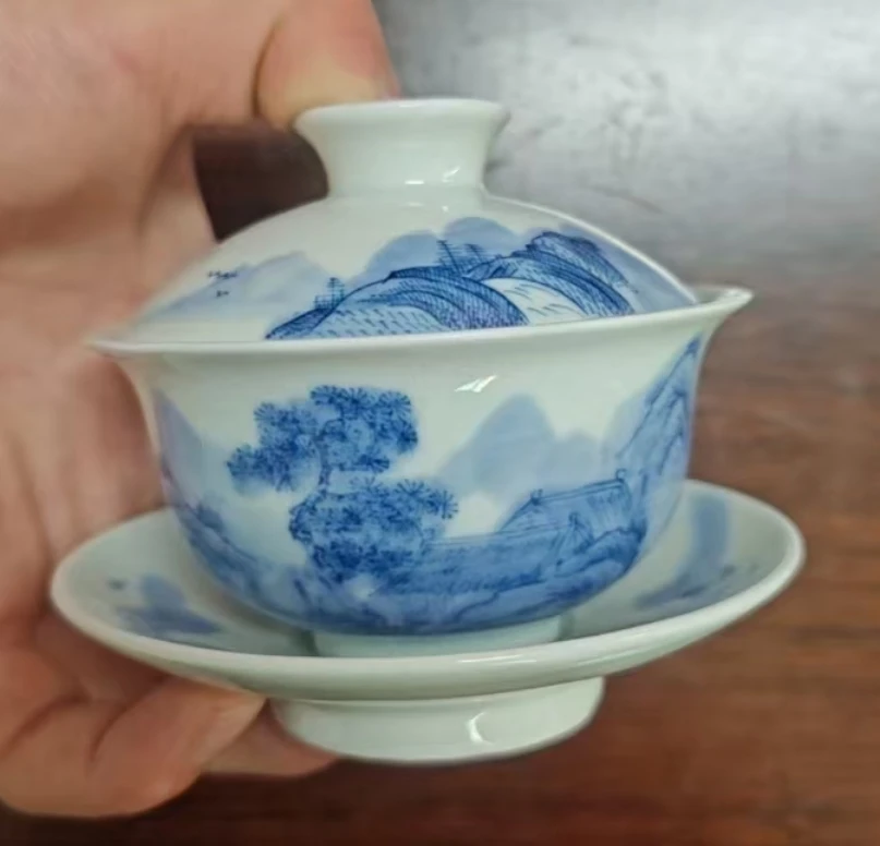 景德镇手工手绘国营好瓷推荐官青花山水元宝三才盖碗030