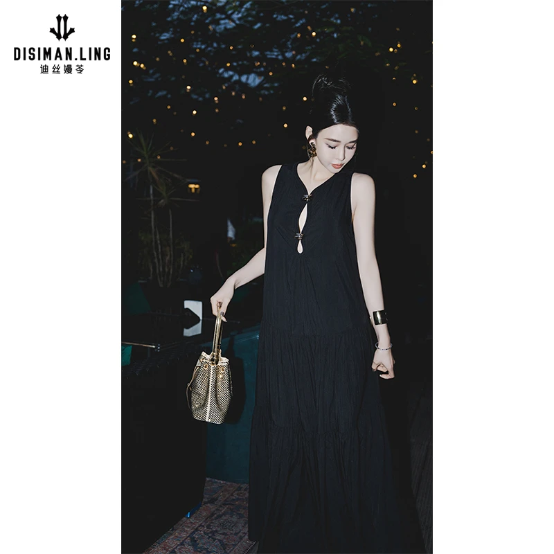迪丝嫚苓黑色连衣裙显瘦气质轻奢女士日常百搭休闲小众设计感