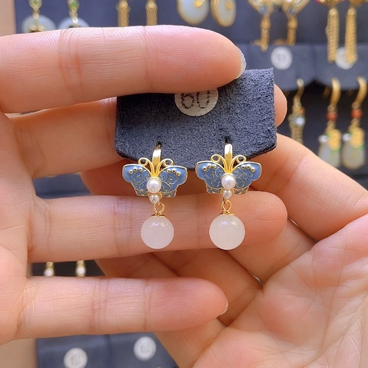 和田玉银S925镀金镶嵌耳饰