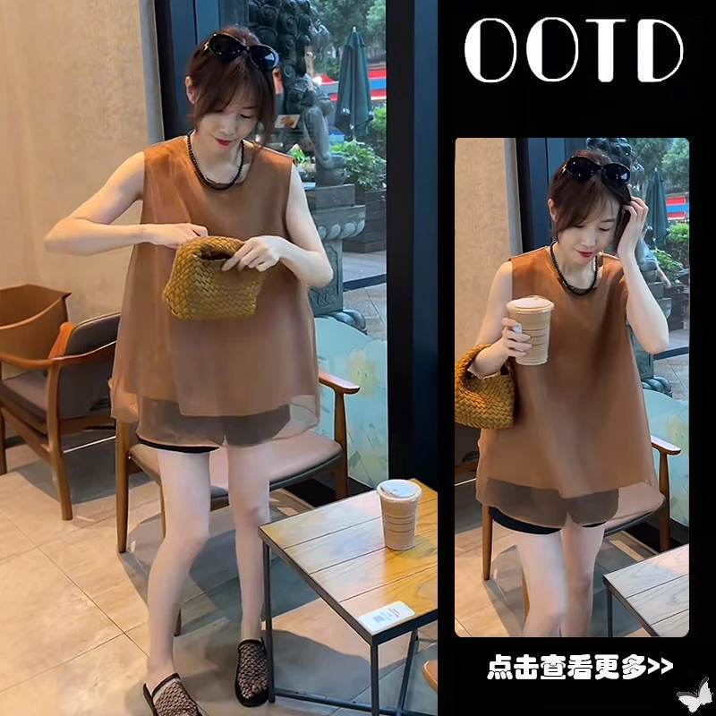 【现货】超火夏季穿搭一整套女2025防晒无袖衬衫百搭高腰短裤两件套