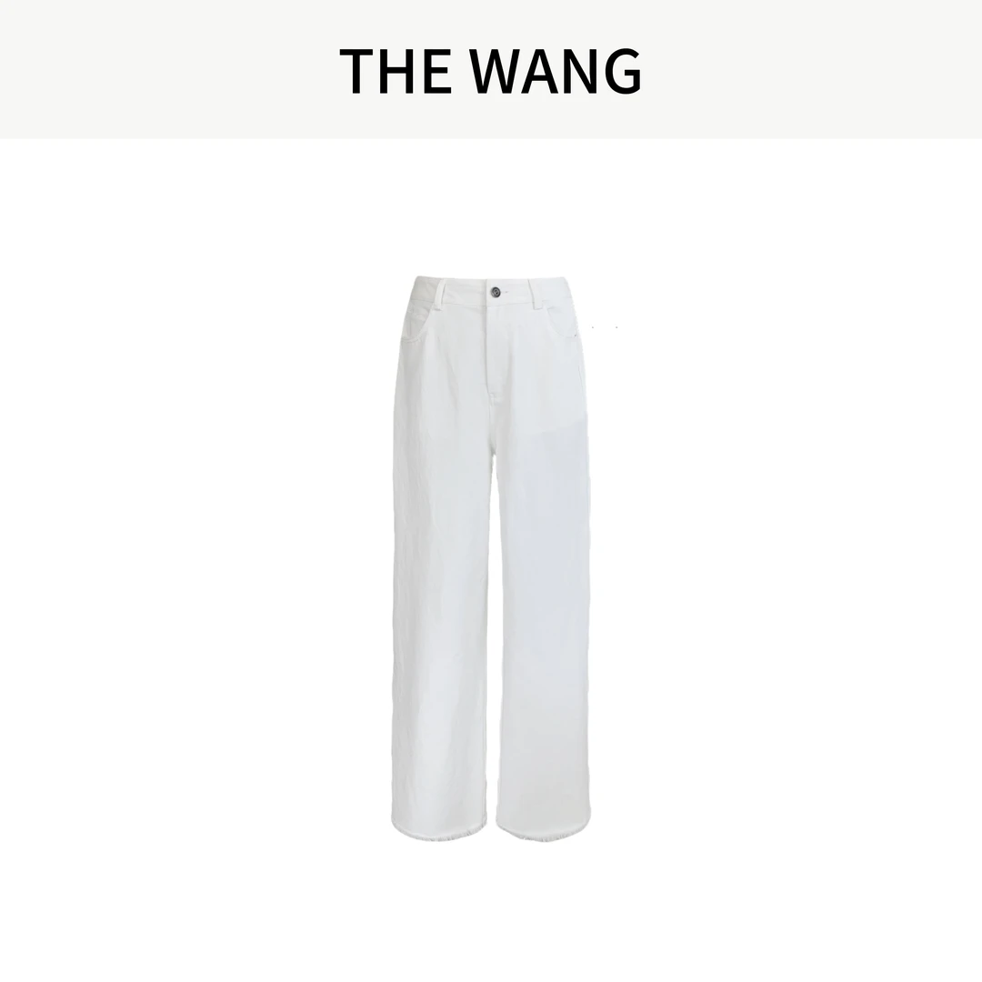 THE WANG 自在度夏 白色直通高腰宽松垂感毛边牛仔裤