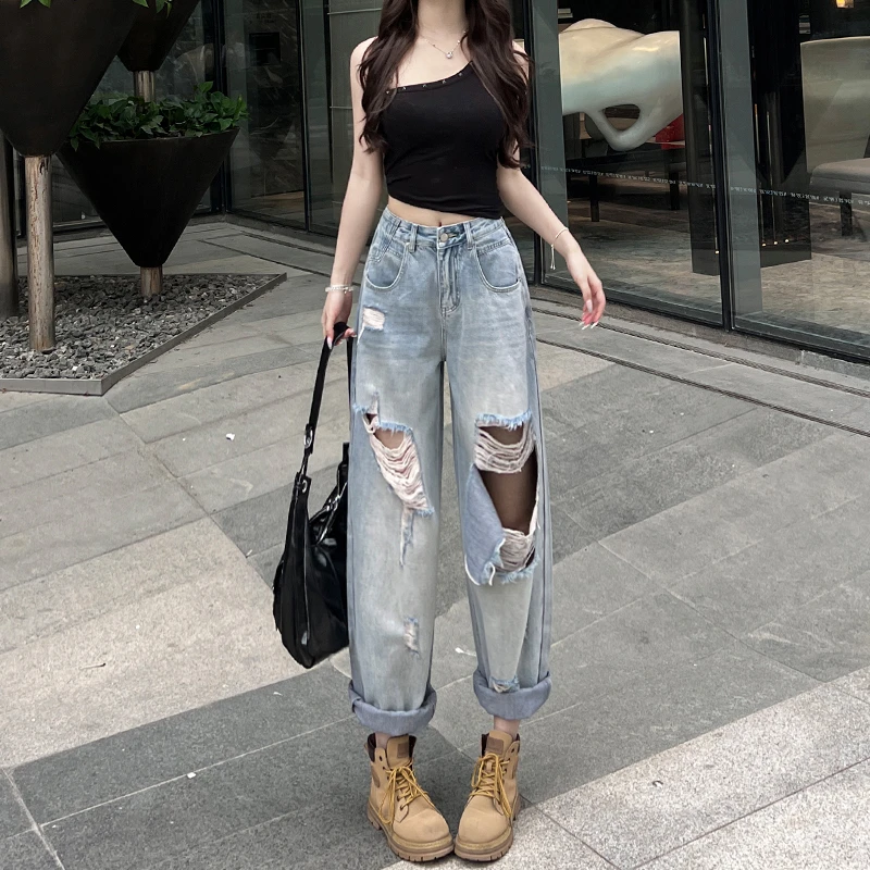 复古浅蓝破洞牛仔裤女2025年新款设计感直筒宽松高腰显瘦显高