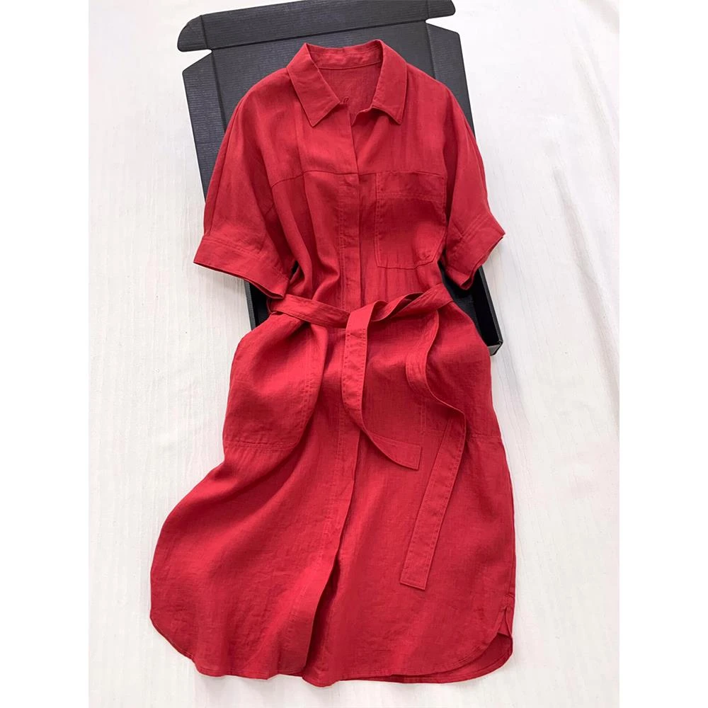 2025夏季新款时尚气质高级感红色亚麻长款连衣裙女款裙子洋气显瘦