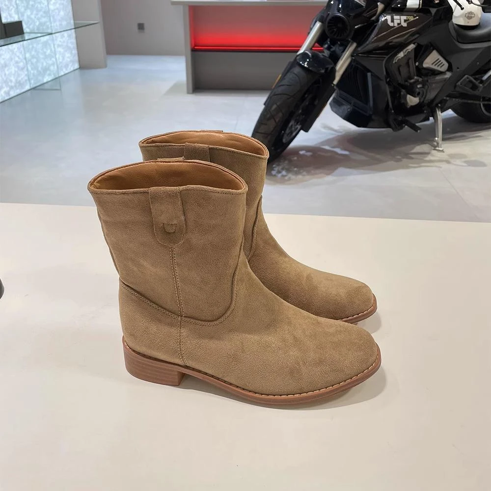 美拉德同款砂绒短靴女2025秋季新款韩版棕色套筒靴子夏季女款