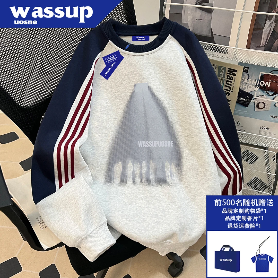 WASSUP UOSNE加绒卫衣男新款2025冬季圆领无帽宽松重磅新款上衣潮