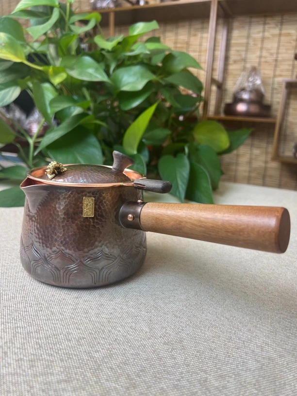（银盛铜器）002号做旧莲花底座三合一侧把煮茶器（650毫升）